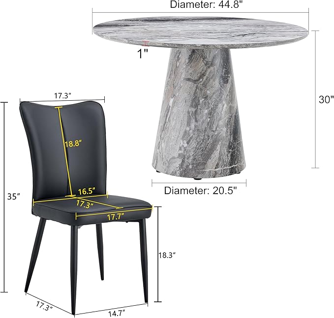 Round Dining Table Set for 6, 45IN Kitchen Table Set with Faux Marble Table Top and PU Upholstered Chairs, Modern Dinner Table with Chairs Set for Dinning Room, Living Room