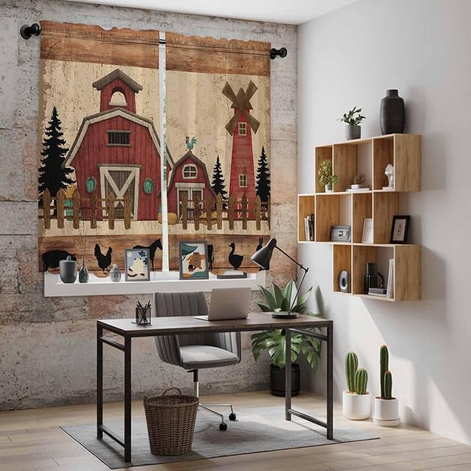 Brown Farmhouse Kitchen Curtains, Vintage Country Animals Wooden Grain Light