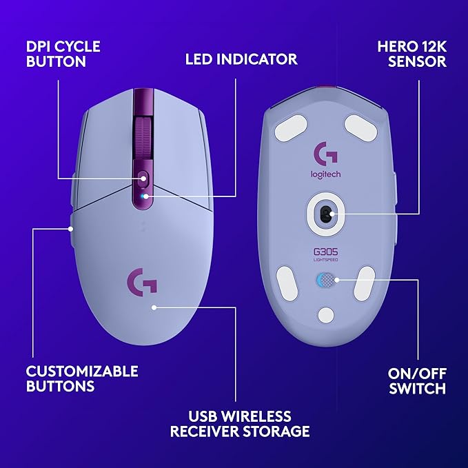 Logitech G305 Lightspeed Wireless Gaming Mouse, Hero Sensor, 12,000 DPI, Lightweight, 6 Programmable Buttons, 250h Battery, On-Board Memory, Compatible with PC, Mac - Lilac
