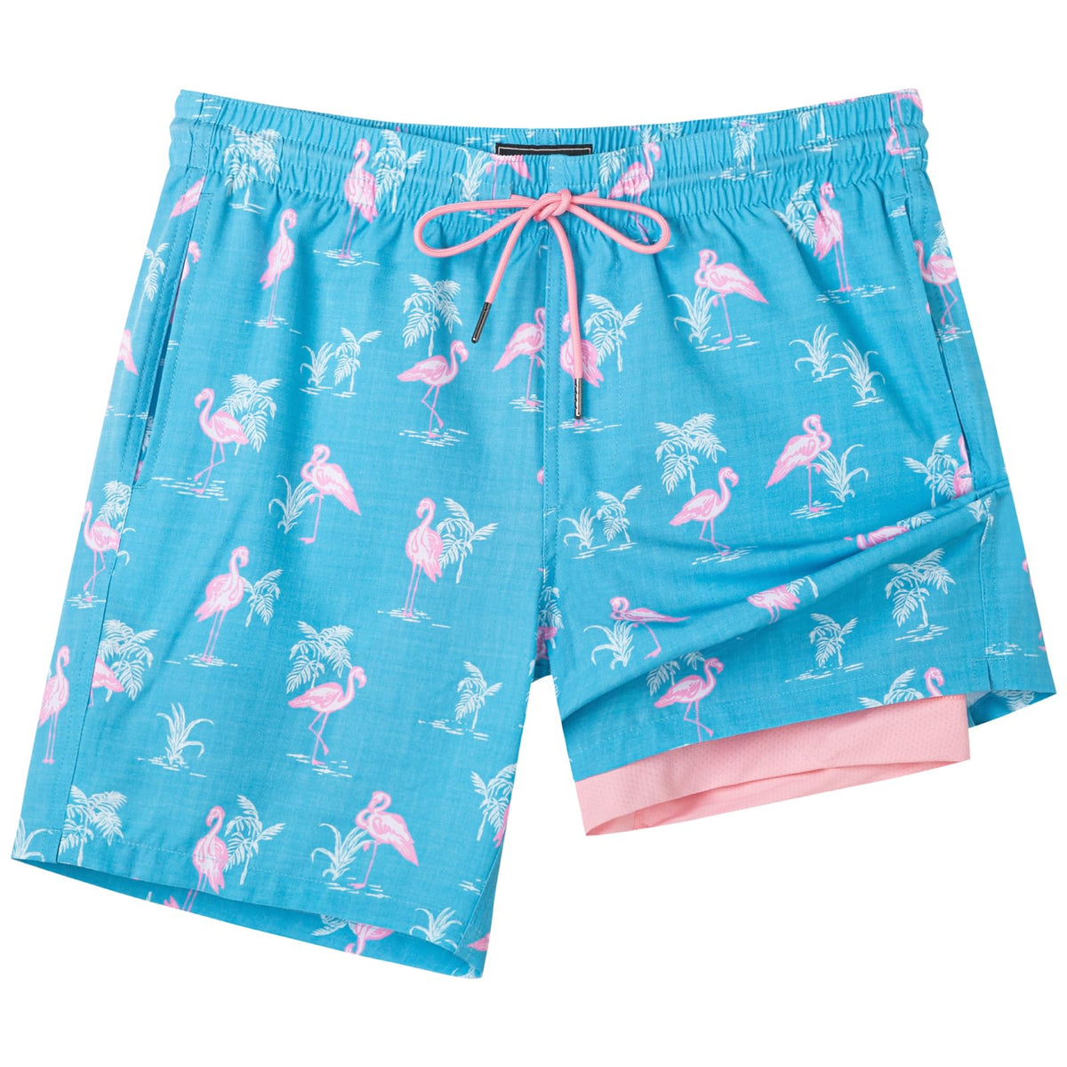 SURF CUZ Mens Swim Trunks with Compression Liner Quick Dry Swim Shorts 7" Swimming Trunks Stretch Zipper Pockets,Flamingo-Green,L