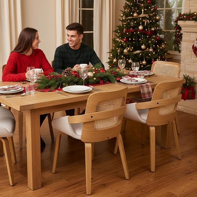 DUOMAY Modern Linen Dining Chairs Set of 2, Cane Back Room Chairs with Solid Wood Legs Kitchen Chairs for Living Room, Restaurant, Beige