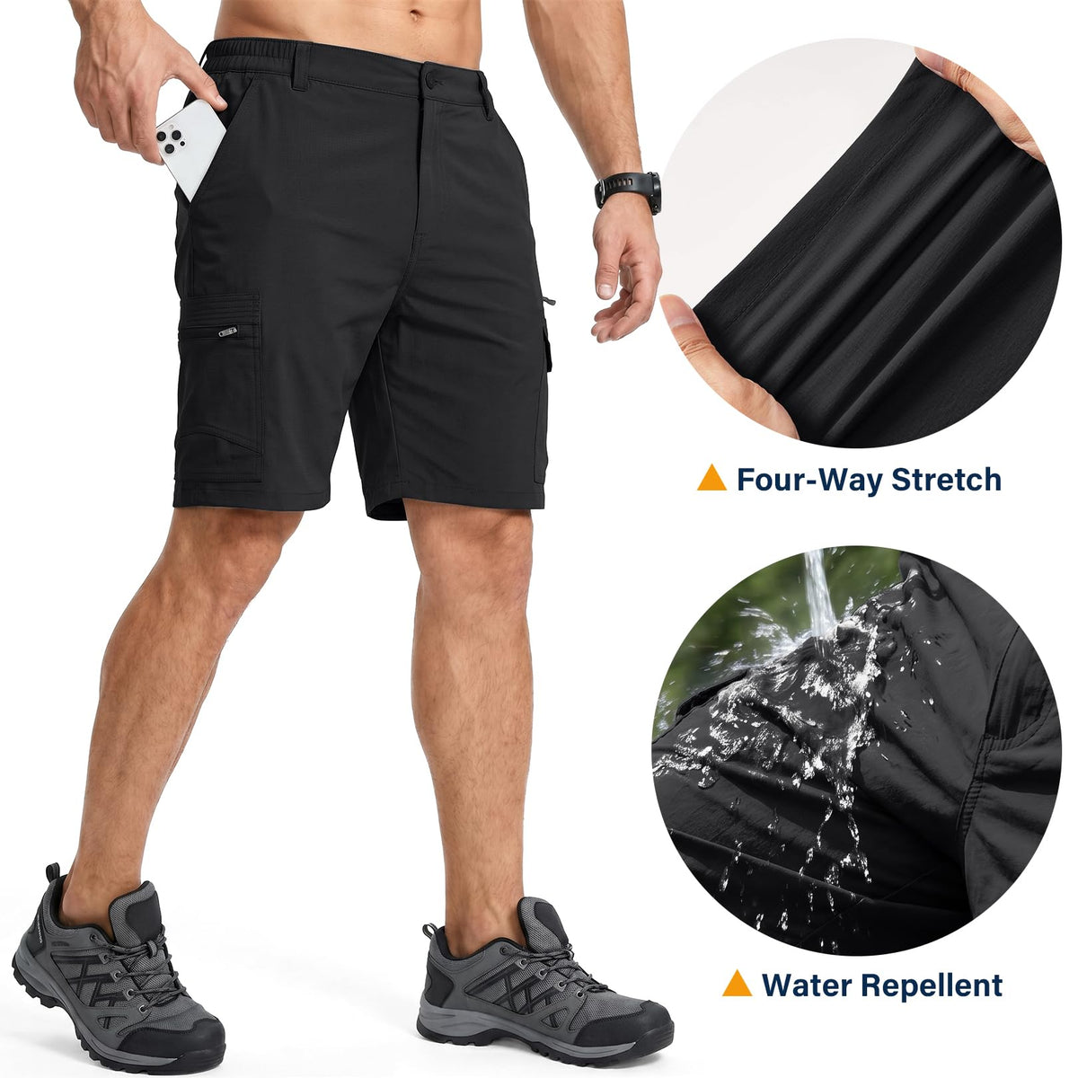 Jessie Kidden Mens Outdoor Casual Expandable Waist Lightweight Water Resistant Quick Dry Fishing Hiking Shorts #6222-Black,38