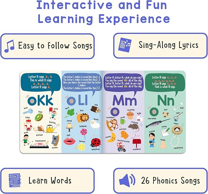 LEARNING BUGS Phonics Songs Book, 26 Letter Sound Songs, Preschool & Kindergarten Learn to Read for 3 Year olds, Perfect Toy and Gift for Toddlers Ages 2+