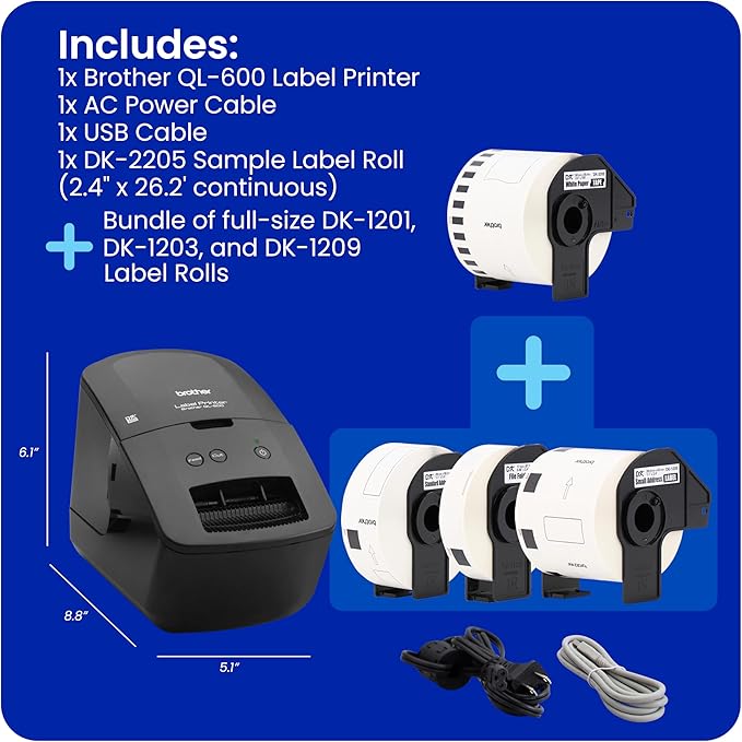 Brother QL-600 Desktop Monochrome Label Printer, up to 2.4" Label Width, No Ink Required, uses Brother Genuine DK Drop-in Rolls for Fast Labeling and Easy Integration with Microsoft Applications