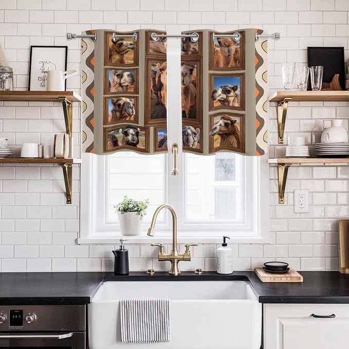 2 Panel Kitchen Cafe Curtains, Desert Camels Sunlight Filtering Nature Air