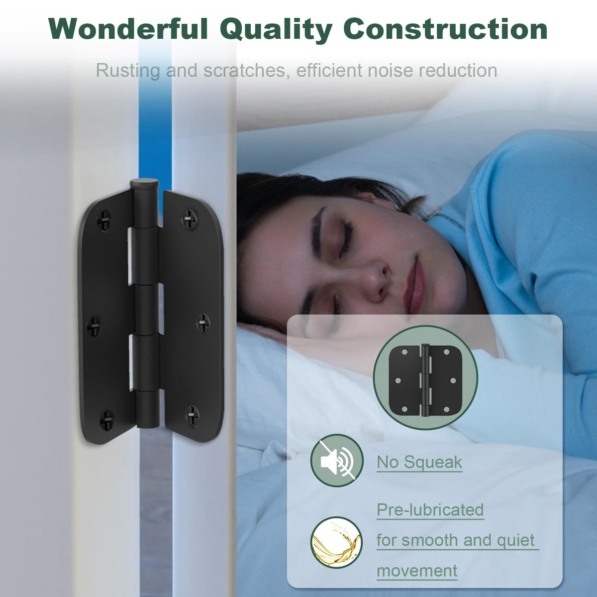Estmoon 42 Pack Matte Black Door Hinges 3.5 x 3.5 Inch, 5/8" Radius Rounded Interior Hinges for Standard Doors, 6 Holes