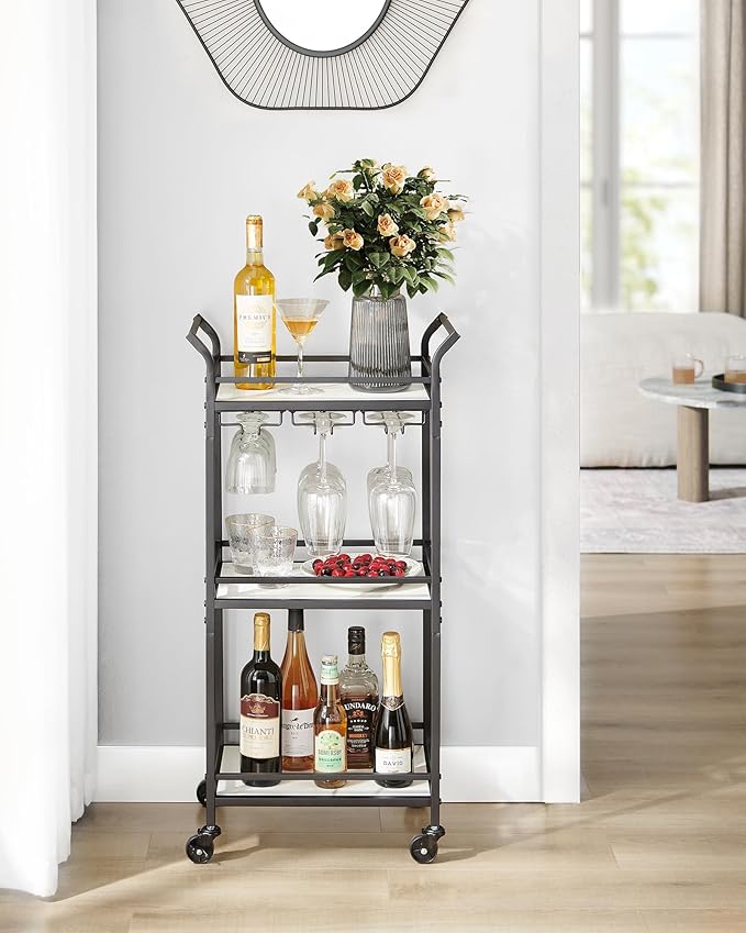 VASAGLE Bar Cart with 3-Tier Shelf, Wine & Glass Holders, Mini Bar for Small Spaces, Black