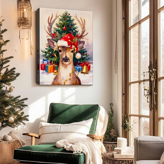 Vintage Reindeer Christmas Canvas Wall Art - Rustic Winter Deer in Snow Forest Framed Print, Cozy Christmas Wall Decor for Living Room, Unique Christmas Gifts & Festive Decorations
