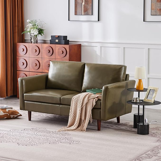 Kingfun Faux Leather 2 Seat Couch for Living Room, Mid Century Modern Sofa with Rolled Arms and Deep Seats, Fluffy Comfort for Apartment, Easy to Assemble, Olive Green