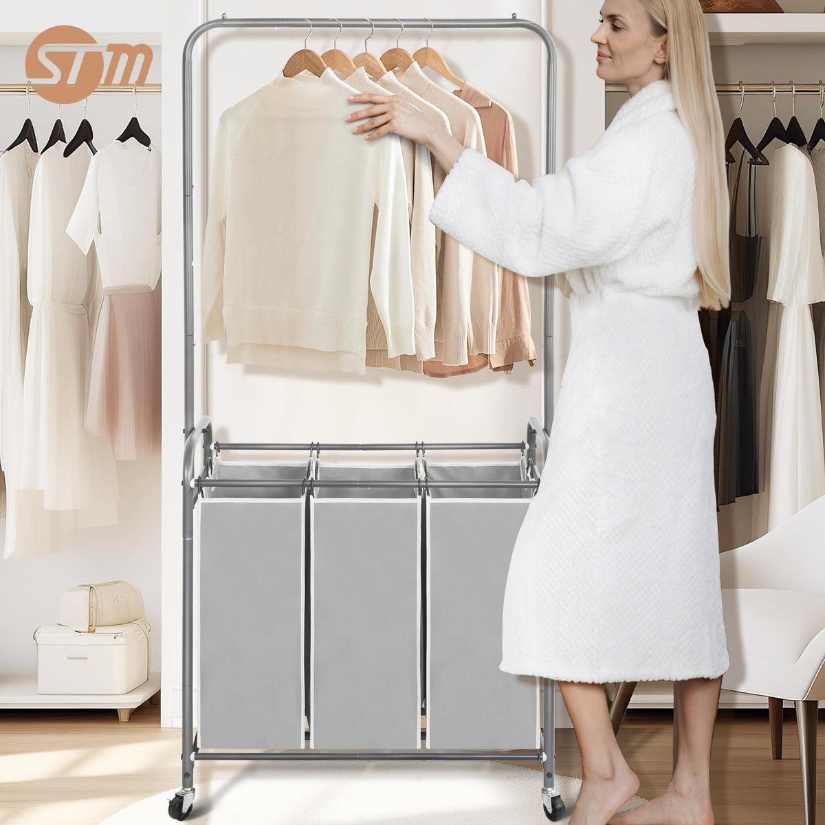 STORAGE MANIAC 136L Laundry Sorter with Hanging Bar, Portable, Removable Laundry Hamper Cart with Heavy Duty Rolling Lockable Wheels and Removable Bags, Rolling Laundry Basket Organizer, 3 Section