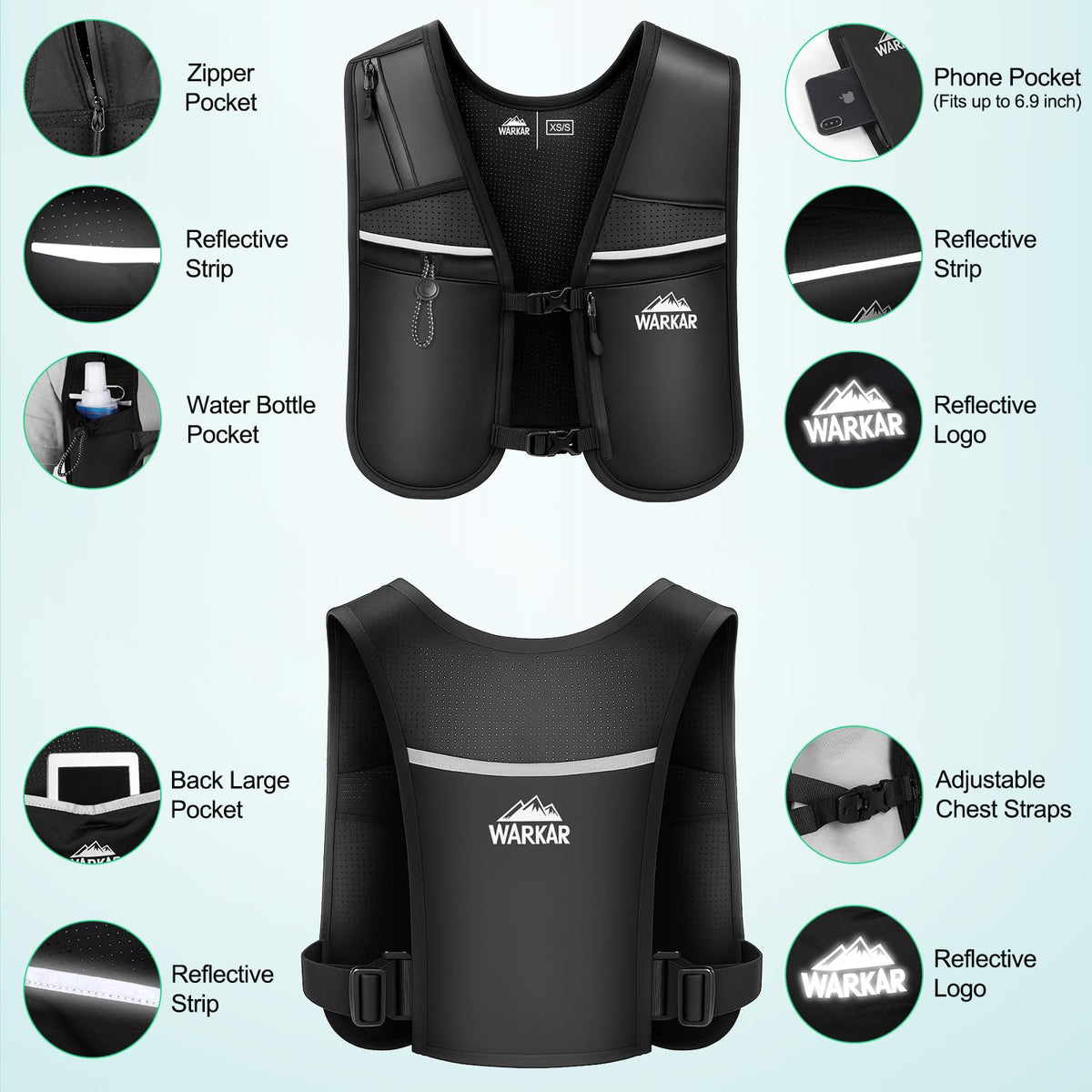 Running Vest, Hydration Backpack with 500ml Water Bladder Adjustable Chest Straps Reflective Strip Design Lightweight Breathable Great for Women Men Run/Hiking/Cycling/Climbing (Black, X-Small-Small)