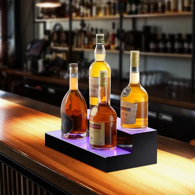VEVOR LED Lighted Liquor Bottle Display, 2 Tiers 16 Inch Commercial Illuminated Home Bar Shelf, 2 Steps Whiskey Rack Stand, Acrylic Drink Shelves with RF Remote & App Control, and Multicolor Light