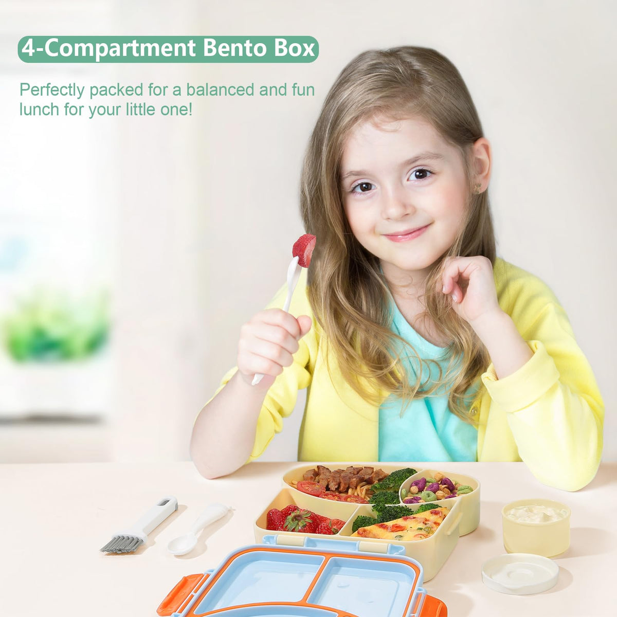 SAYAPE Bento Box for Kids & Adults – Cute Cartoon 2-Layer Lunch Box with Fork, Sauce Cup & Brush, BPA-Free, 3-Compartment Square Snack Container with Handle for School, Office, or Travel (Green)