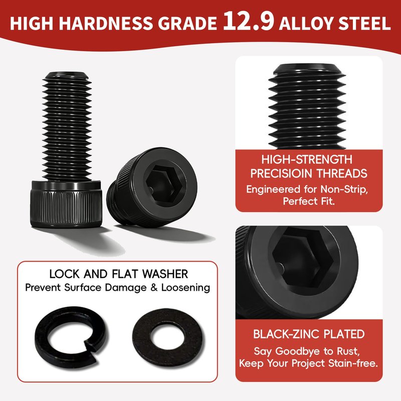 Metric Screw Assortment Kit, M2 M3 M4 M5 Bolt Assortment with Bolts and Nuts, Hex Socket Cap Head M Screws for 3D Printer Black Zinc Plated Grade 12.9 Alloy Steel