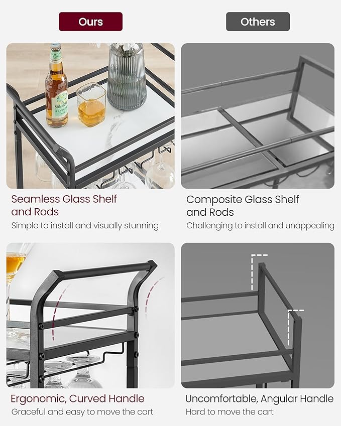 VASAGLE Bar Cart with 3-Tier Shelf, Wine & Glass Holders, Mini Bar for Small Spaces, Black