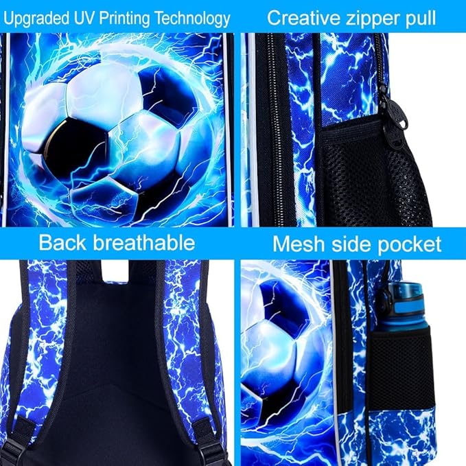 KLFVB 3PCS Kids Backpack, 17" Boys Football Bookbag and Lunch Box, Water Resistant Teenagers School Backpacks for Middle Elementary - Lightning Soccer