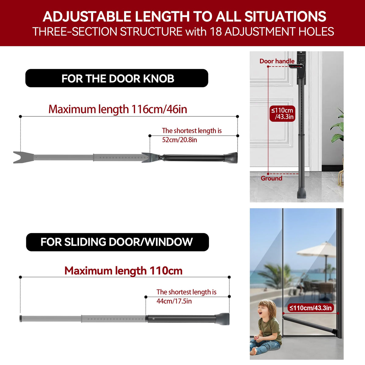 AceMining Upgraded Door Security Bar & Sliding Patio Bar, Heavy Duty Stoppers Adjustable Jammer for Home, Apartment, Travel (2 Pack,Black)