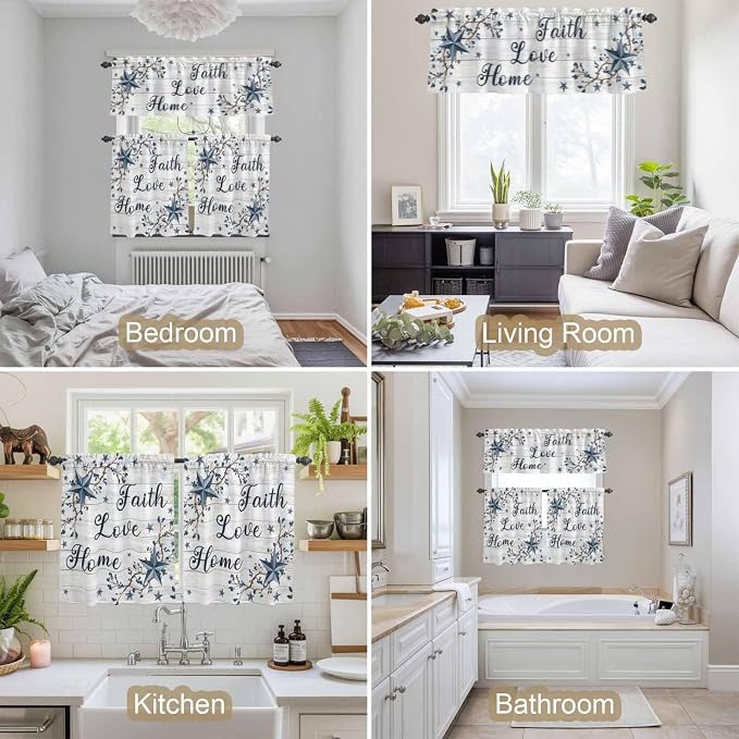 Kitchen Curtains Tiers and Valance Set of 3, Farmhouse Light Filtering Window