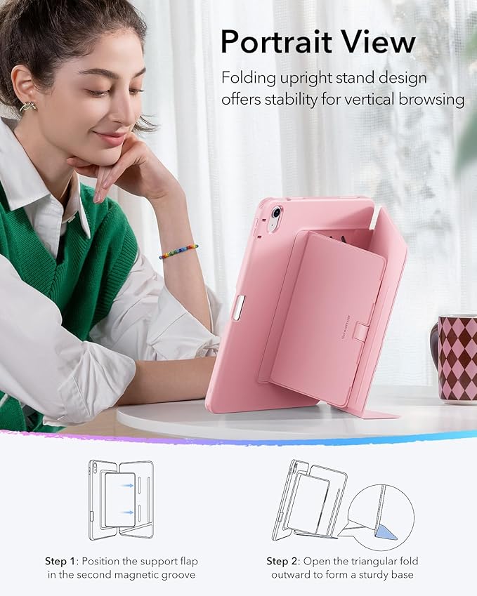 ESR for iPad A16 Case, iPad 11th/10th Generation Case (2025/2022), Vertical Stand Cover, Multi Stand Angles, Ultra-Stable Cover with Pencil Holder, Flip Series, Pink | (2025/2022), Multi Stand Angles, Ultra-Stable Cover, with Pencil Holder, Pink