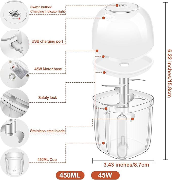 450ML (1.8 Cup) Electric Garlic Chopper, Mini Portable Food Processor
