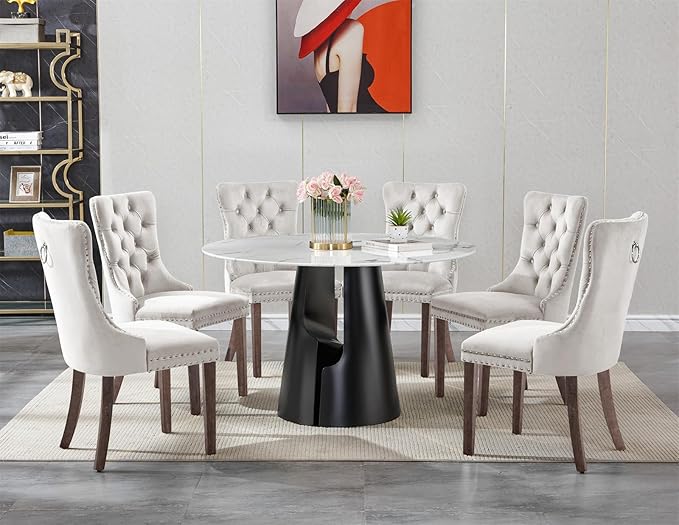 7-Piece Faux Marble Round Dining Table Set for 6, Modern Luxury Kitchen Table Set for 6 with Beige Tufted Chairs,Circle Dining Tables with White Marble Grain Top and Black Pedestal Base