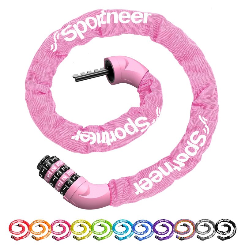 Sportneer Bike Lock: 5 Digit Combination High Security Anti Theft Bike Chain Lock - 3.2/3.6/4ft Heavy Duty Resettable Keyless Bicycle Lock for Bike, Motorcycle, Scooter, Door & Gate - 6mm Thick Pink