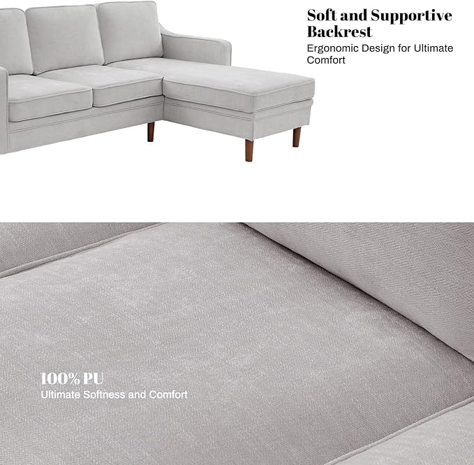 Kingfun 88" L-Shape Sofa, Chenille Sectional Couch, Mid Century Modern Couches with Solid Wood Frame for Living Room & Bedroom, Beige