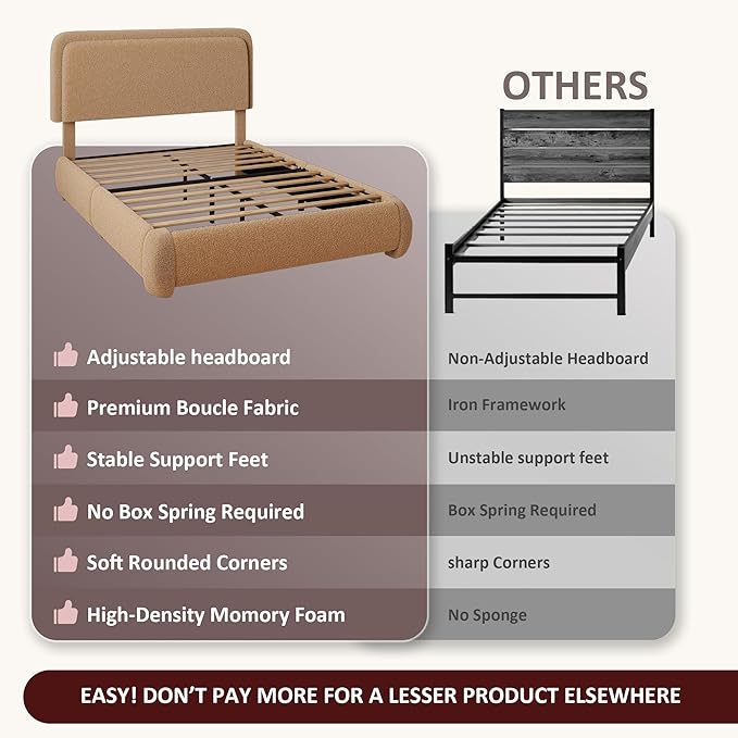 King Boucle Platform Bed Frame with Height Adjustable Headboard, Modern Upholstered Cloud Bed, Sleek Curved Design, No Box Spring Needed, Noise Free, Easy Assembly, Camel