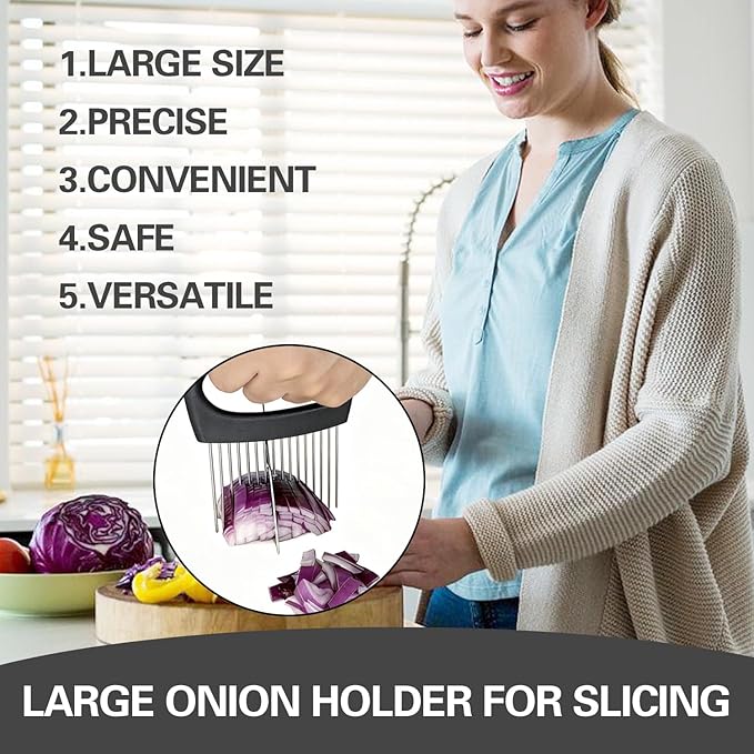 Wooyee Extra-Large Onion Holder for Slicing, Onion Cutter Vegetable Chopper, Extra-Large Tomato Slicer with 16 Long Needles, Stainless Steel Tomato Potato Slicer, Meat and Food Slicing