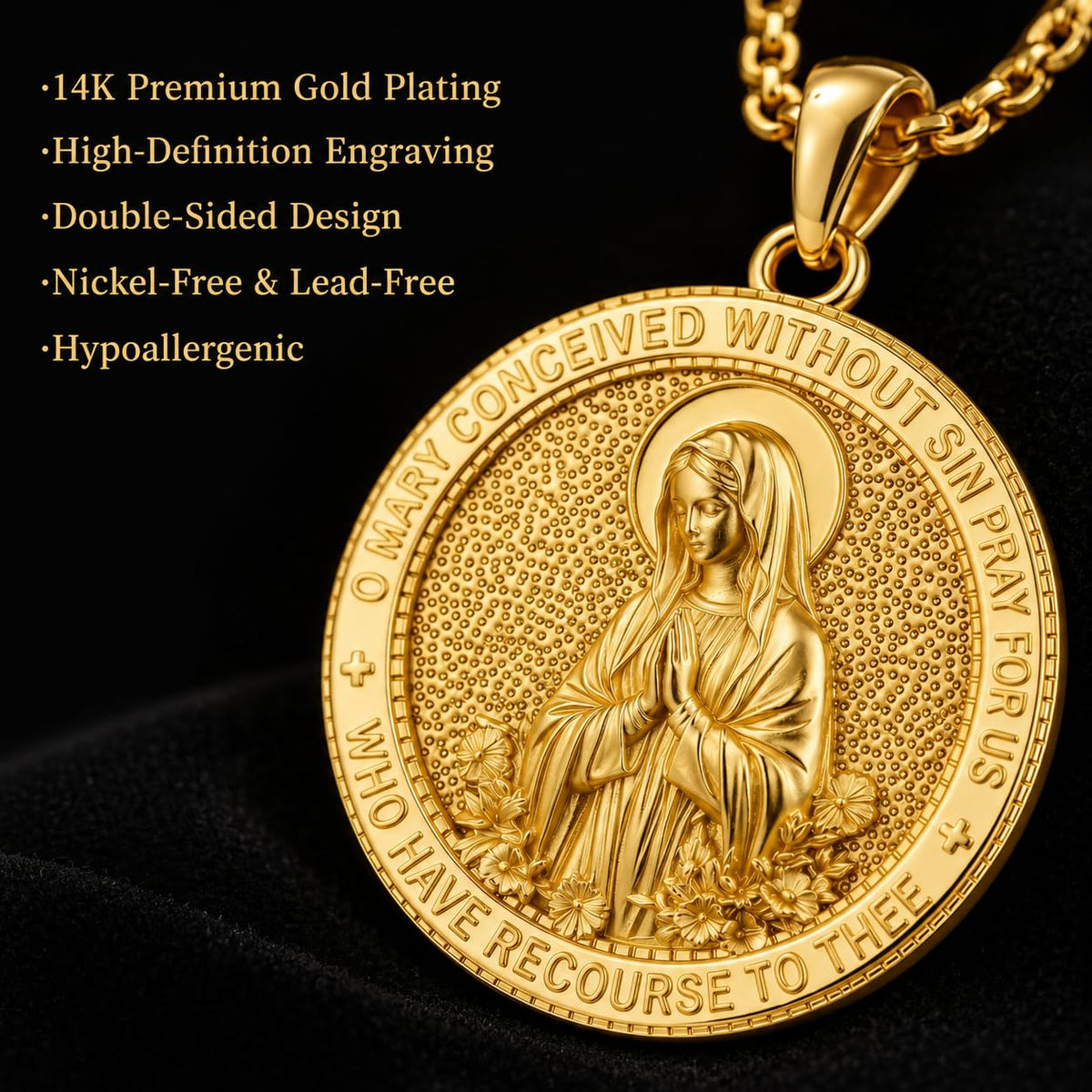 Taioiat 14K Gold Virgin Mary Medal Pendant Necklace Charm for Men