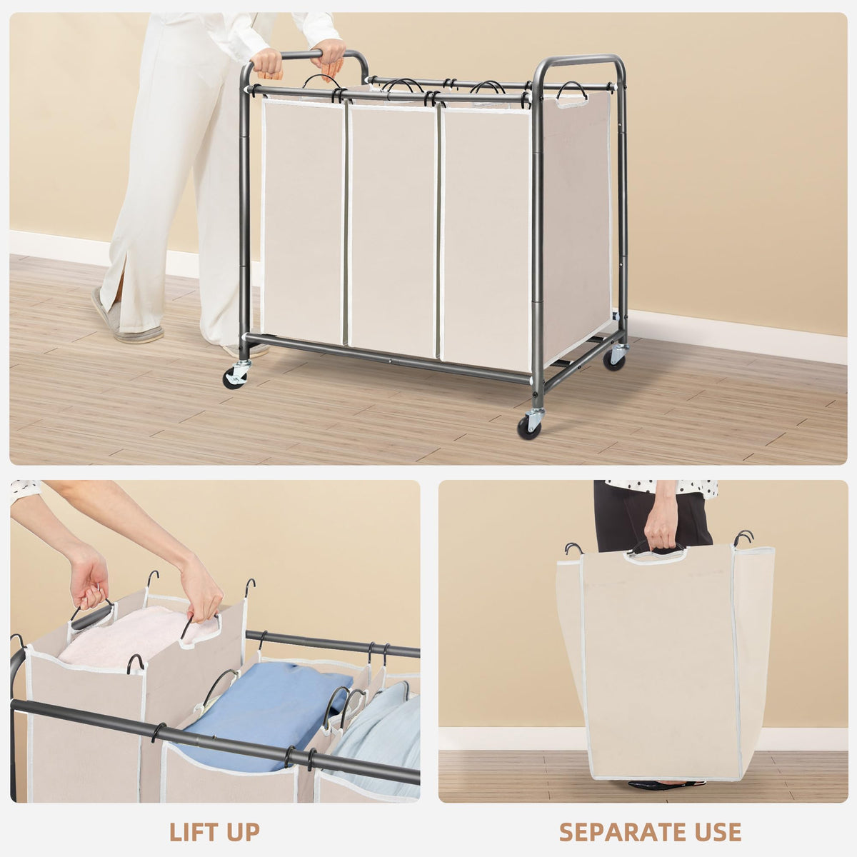 STORAGE MANIAC 3 Section Laundry Sorter, 35.6 Gal (135 L) Laundry Hamper Cart with Heavy Duty Rolling Lockable Wheels and Removable Bags, Clothes Organizer Basket Separator Hamper, Beige