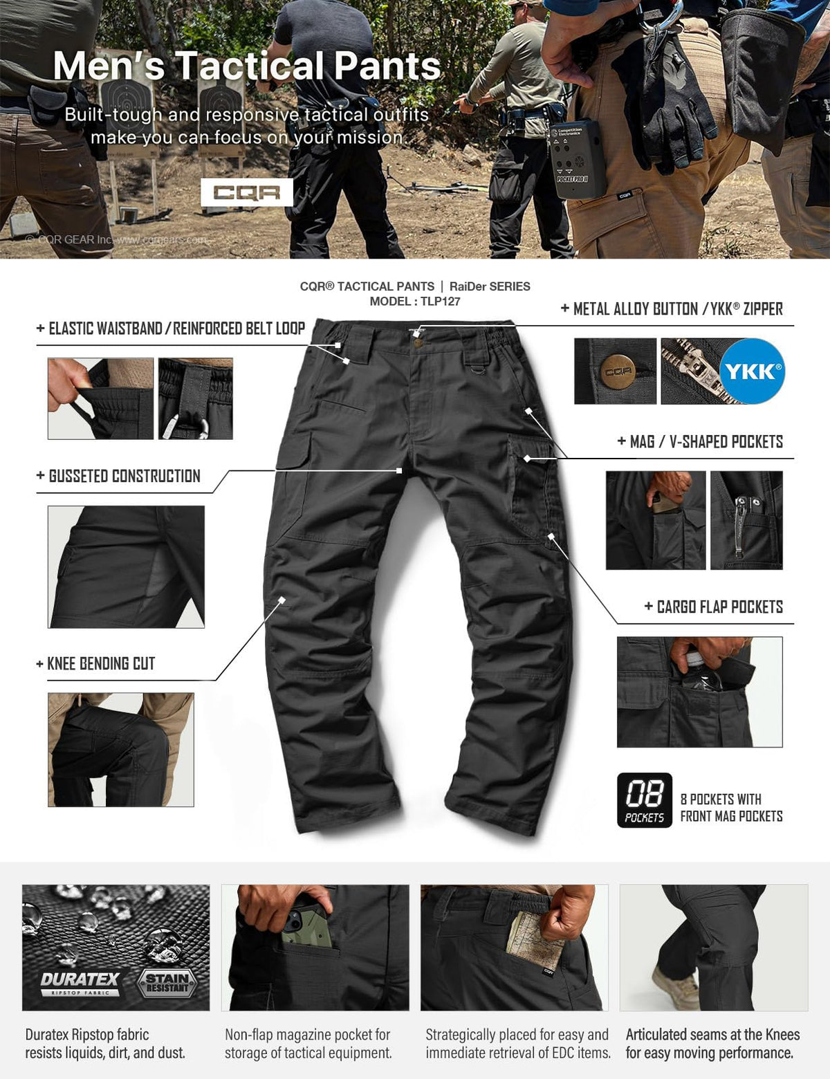 CQR Men's Tactical Pants, Water Resistant Ripstop Cargo Pants, Lightweight EDC Work Hiking Pants, Outdoor Apparel, Raider Mag Pocket Black, 32W x 32L