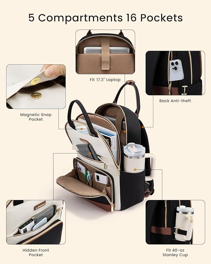 LOVEVOOK Laptop Backpack for Women with Giant Tumbler Holder Pocket, 17 inch Large Travel Work Backpack Purse for Teacher Nurse, Waterproof College Book Bag Cute Casual Daypack, Beige-Black-Brown