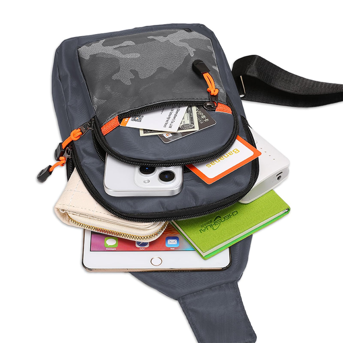 MOSISO Small Sling Backpack Crossbody Sling Bag, Lightweight Hiking Daypack Shoulder Chest Bag with Camouflage Front Pocket, Gray