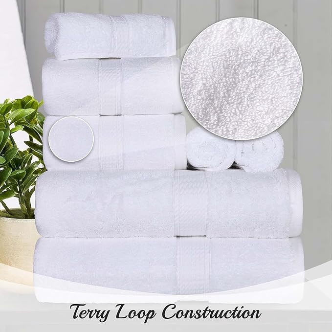 Superior Egyptian Cotton Pile 10 Piece Towel Set, Includes 2 Bath, 4 Hand, 4 Face Towels/Washcloths, Ultra Soft Luxury Towels, Thick Plush Essentials, Guest Bath, Spa, Hotel Bathroom, White
