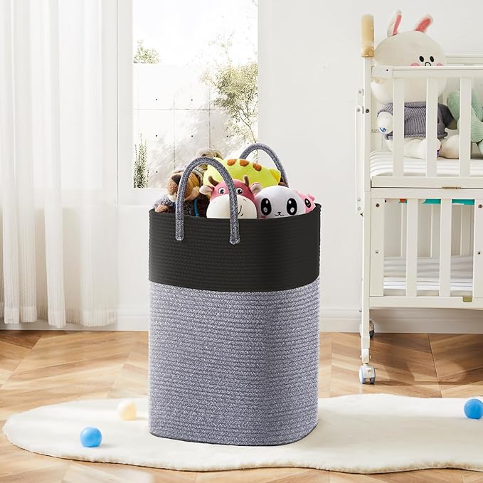 Laundry Basket,Woven Cotton Rope Laundry Hamper,Versatile Storage for Dirty Clothes,Baby Toys,and Blankets in Bathroom, Nursery,and Living Room (Black, 80L)