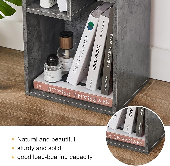 VECELO Small Bookshelf, 4 Cube Slim Bookcase, Fits Tallest Hardcovers, Horizontal Available, Modern Floor Standing Unit, Each Shelf Hold Up to 66 LBS,Gray