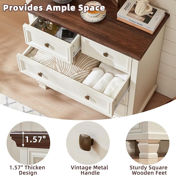 Farmhouse 5 Drawer Dresser Set of 2, 32.6 Inch Tall Modern Chest of Drawers for Bedroom, Mid Century Small Dressers w/Square Solid Wood Legs, Rustic Storage Organizer for Hallway, White