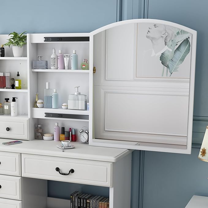 Elegant Vanity Desk with Lighted Mirror, 6 Drawer White Dressing Table Set for Bedroom, Features Adjustable 3-Color LED Lights, Perfect Makeup Vanity with Storage