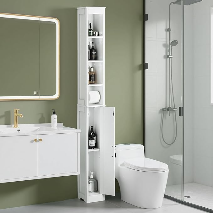 VECELO Tall Narrow Storage Cabinet with Adjustable Shelves, Slim Freestanding Bathroom Cabinet with Toilet Paper Holder, Magnetic Door, for Small Spaces, 7.9" D x 7.9" W x 71" H, Pearl White