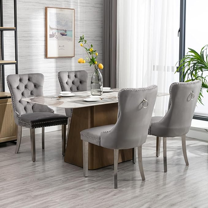 Luxury Upholstered Dining Chairs Set of 4, Grey Kitchen Chair with Silver Metal Legs, Velvet Tufted Back Dining Chair, Sillas de Comedor, Modern Kitchen & Dining Room Chairs (Gray, 4 Pcs)