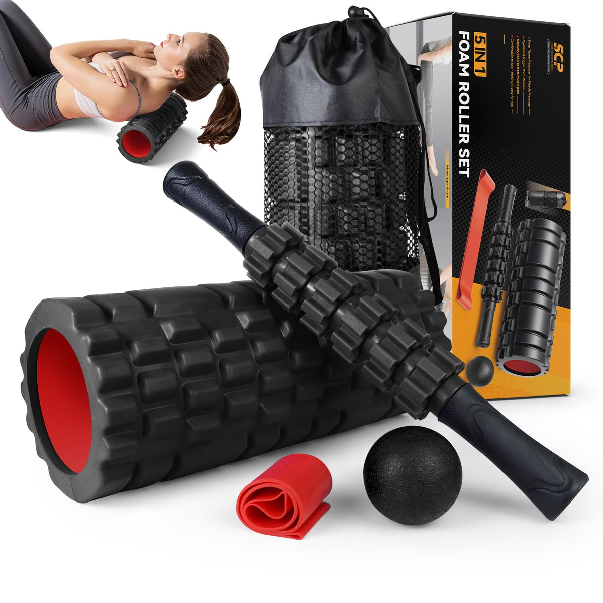 5 in1 Foam Roller Set, Trigger Point Foam Roller, Massage Roller Stick, Massage Ball, Resistance Band for Deep Muscle Massage Pilates Yoga,Fitness Exercise for Whole Body (Violet)