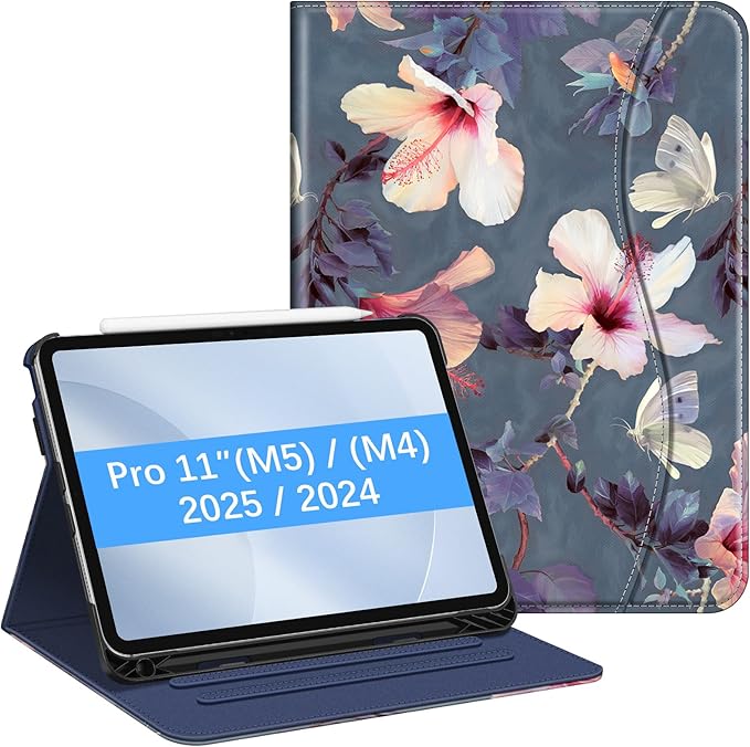 Fintie Folio Case for iPad Pro 11-inch (M5) 2025 / (M4) 2024 - Multiple Angles Viewing Stand Protective Cover with Pencil Holder & Pocket, Auto Wake/Sleep, Hibiscus