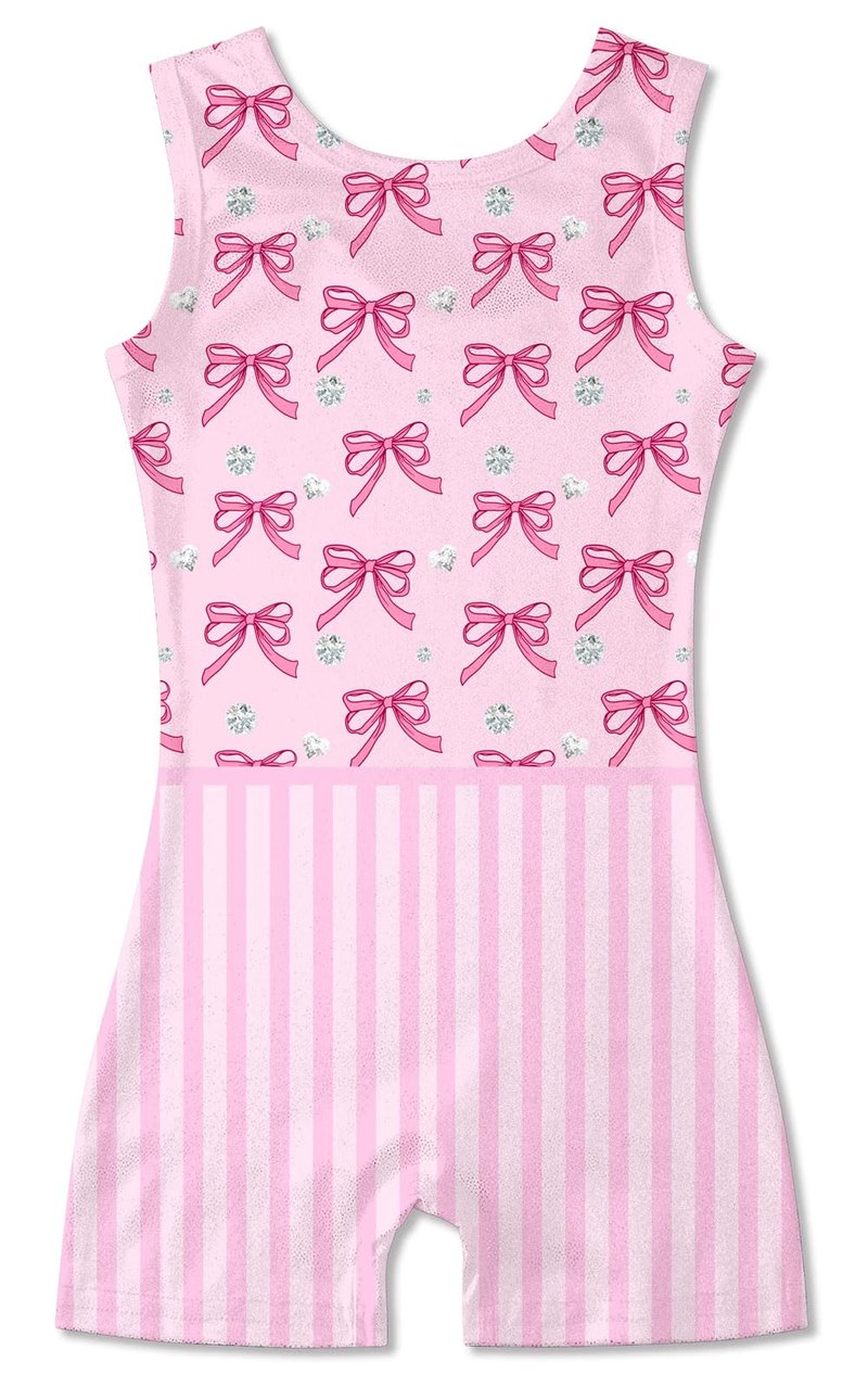 Funnycokid Gymnastics Leotards for Girls Dance Unitard Sparkly with Shorts, Pink bow, 5-6 Years