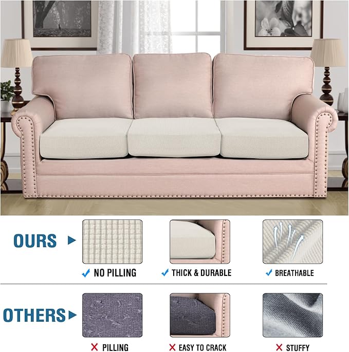 H.VERSAILTEX Super Stretch Individual Seat Cushion Covers Sofa Covers Couch Covers Slipcover Sets Thick Jacquard Textured Twill Fabric (3 Piece XL Sofa Cushion Covers, Cream)