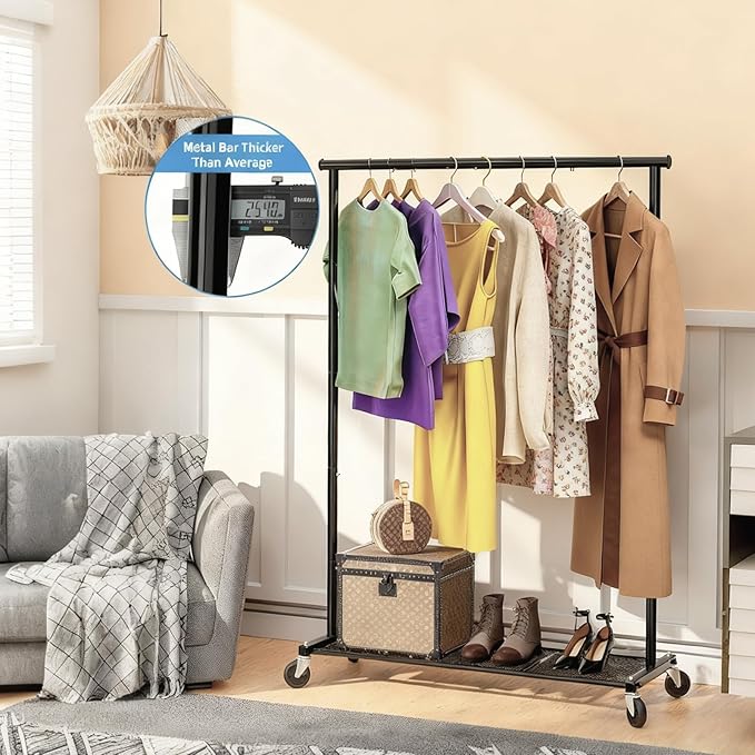 Ekisemio Clothes Rack for Hanging Clothes, 64.25 Inch Clothing Racks with Wheels, Portable Rolling Clothes Garment Rack for Bedroom, Laundry, Living Room, Black