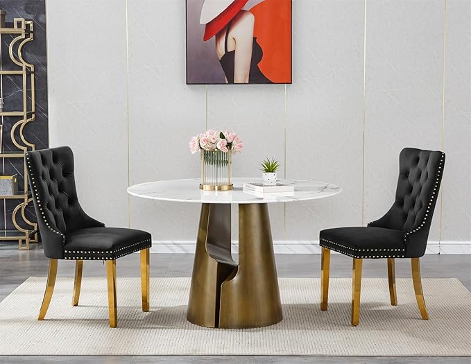 3-Piece Faux Marble Round Dining Table Set for 2, Modern Luxury Kitchen Table Set for 2 with Black Tufted Chairs,Circle Dining Tables with White Marble Grain Top and Bronze Pedestal Base