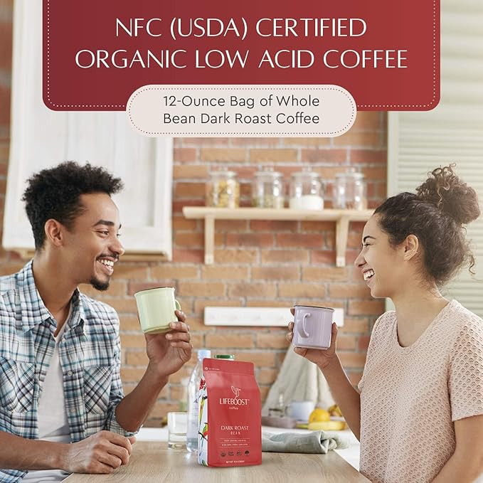 Lifeboost Dark Roast Low Acid Coffee Beans, Certified Organic, 12oz