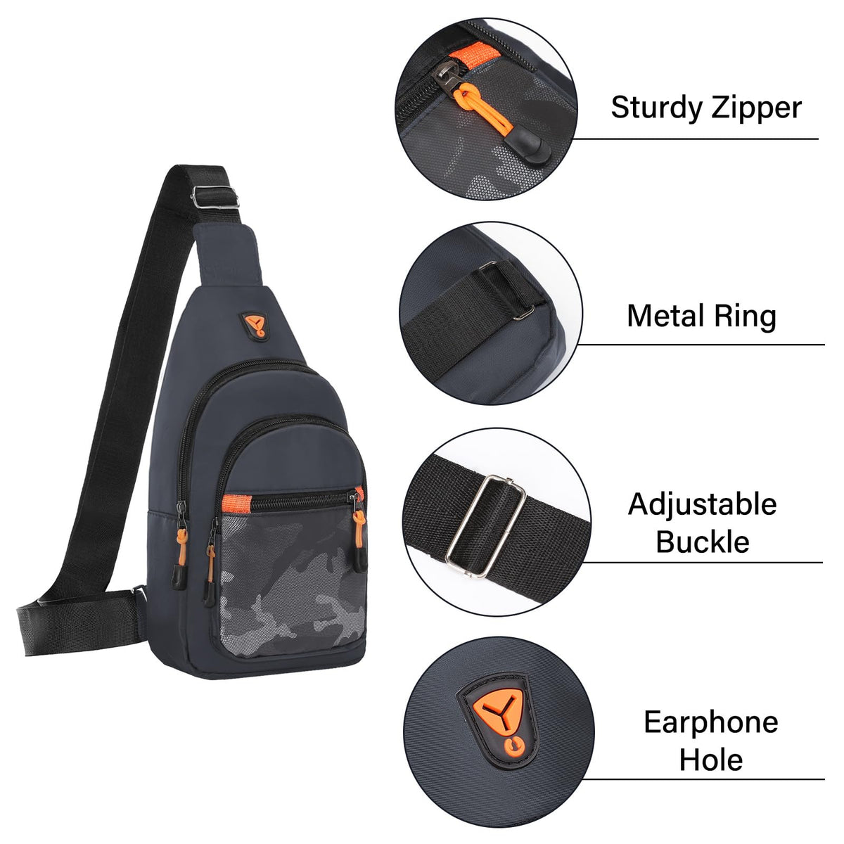 MOSISO Small Sling Backpack Crossbody Sling Bag, Lightweight Hiking Daypack Shoulder Chest Bag with Camouflage Front Pocket, Gray