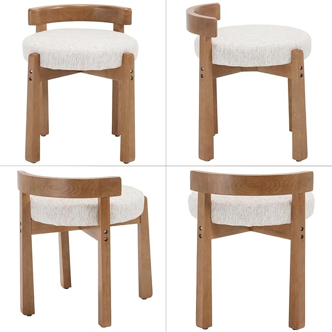 DUOMAY Modern Chenille Vanity Stool, Upholstered Low Back Ottoman with Solid Wood Legs Cute Round Footrest Makeup Stool Dressing Seat for Living Room Bedroom, Beige